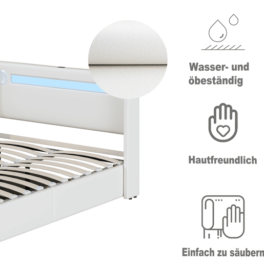 Cama contentora estofada em pele 160x200 cm com LED, leitor Bluetooth e portas de carregamento USB - com estrado - Branco