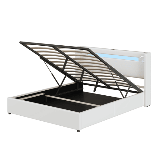 Cama contentora estofada em pele 160x200 cm com LED, leitor Bluetooth e portas de carregamento USB - com estrado - Branco