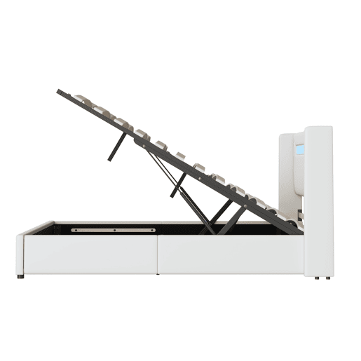 Cama contentora estofada em pele 160x200 cm com LED, leitor Bluetooth e portas de carregamento USB - com estrado - Branco