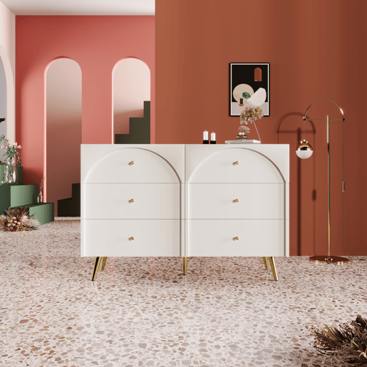 Cómoda com 6 gavetas - pés dourados - em aglomerado de madeira - Branco Cómoda com 6 gavetas - pés dourados - em aglomerado de madeira - Branco