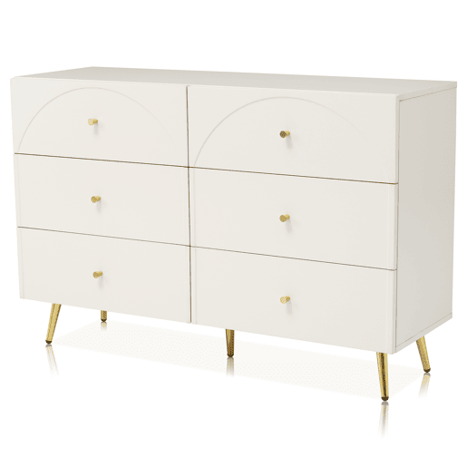 Cómoda com 6 gavetas - pés dourados - em aglomerado de madeira - Branco Cómoda com 6 gavetas - pés dourados - em aglomerado de madeira - Branco