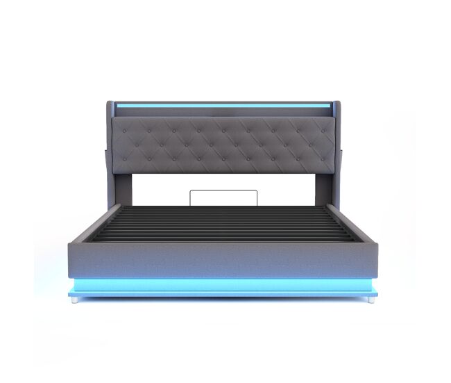 Cómoda cama tapizada con led 160x200 cm - con puerto de carga usb - tela de lino - gris