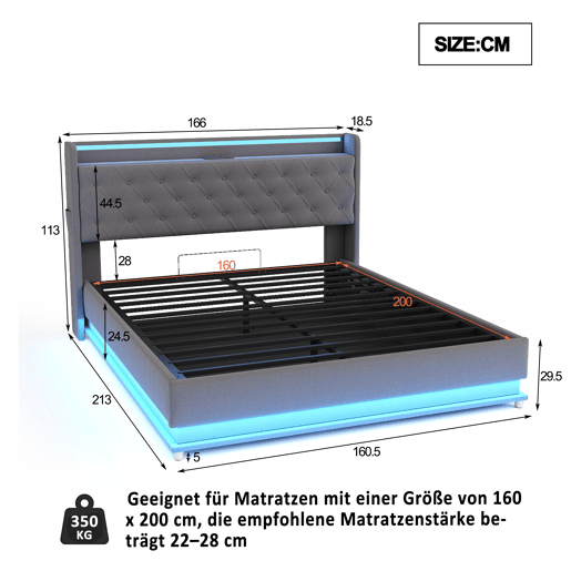Cama confortável estofada com LED 160x200 cm - com porta de carregamento USB - Tecido de linho - Cinzento