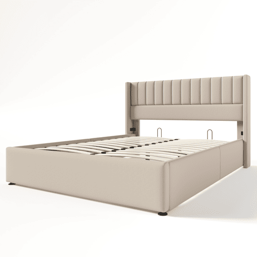 Cama contentora estofada em linho 160x200cm com estrado de ripas - Bege