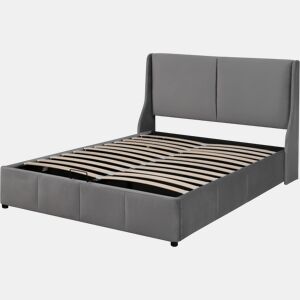 Cama de arrumação estofada em veludo 140x190cm - cama de arrumação com estrado de ripas - Cinzento