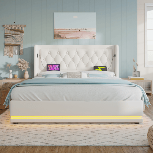Cama contentora estofada 160 x 200 cm em imitação de pele - com função de carregamento e LED ao pé da cama - Branco