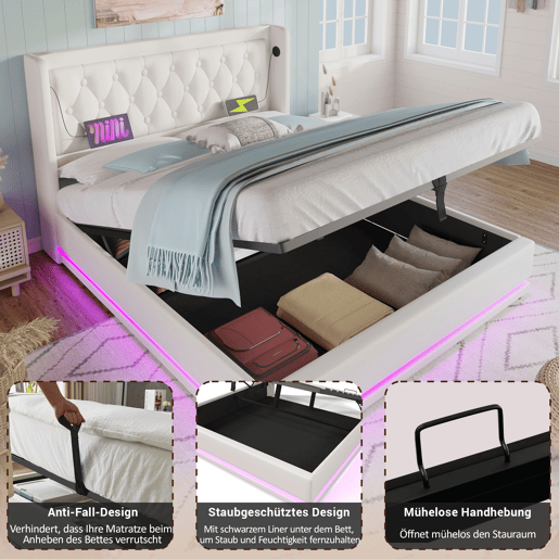 Cama contentora estofada 160 x 200 cm em imitação de pele - com função de carregamento e LED ao pé da cama - Branco