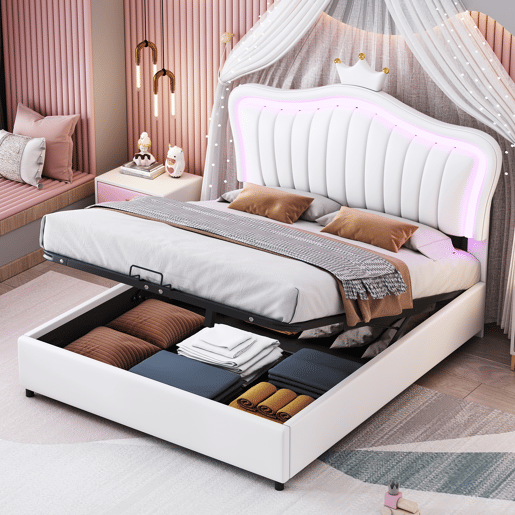 Cama contentora em pele sintética 140x200 cm - com LED e estrado - Branco