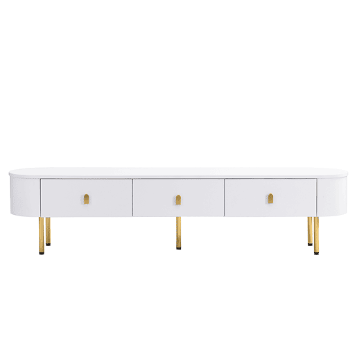 Móvel TV moderno - 3 gavetas com pegas e pernas douradas - Branco