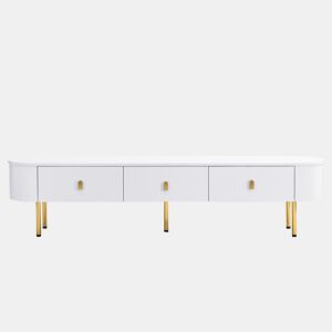 Móvel TV moderno - 3 gavetas com pegas e pernas douradas - Branco