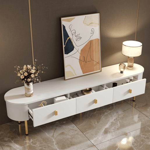 Móvel TV moderno - 3 gavetas com pegas e pernas douradas - Branco