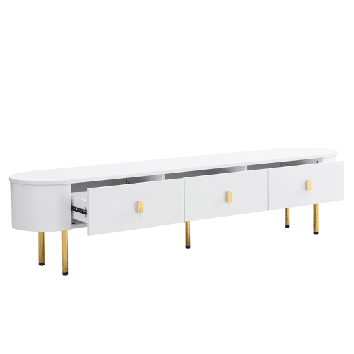 Móvel TV moderno - 3 gavetas com pegas e pernas douradas - Branco
