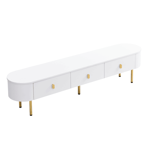 Móvel TV moderno - 3 gavetas com pegas e pernas douradas - Branco