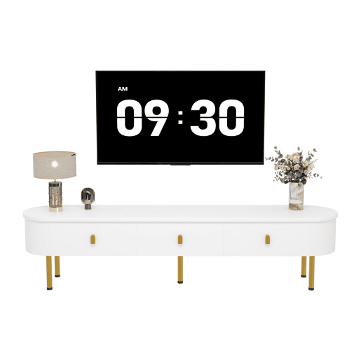 Móvel TV moderno - 3 gavetas com pegas e pernas douradas - Branco