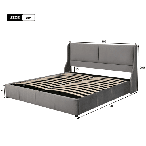 Cama para arrumação estofada 180x200cm em veludo - cama para arrumação com estrado de ripas - Cinzento