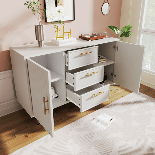 Cómoda decorada com riscas verticais - 3 gavetas e 2 portas com prateleiras reguláveis - Branco