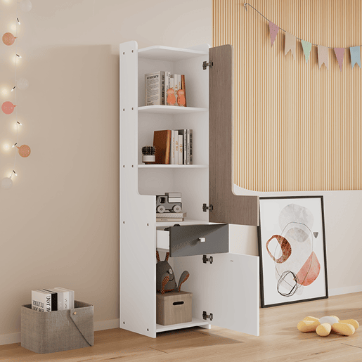 Estante com gavetas e expositor - em MDF - Branco e cinzento claro Estante com gavetas e expositor - em MDF - Branco e cinzento claro