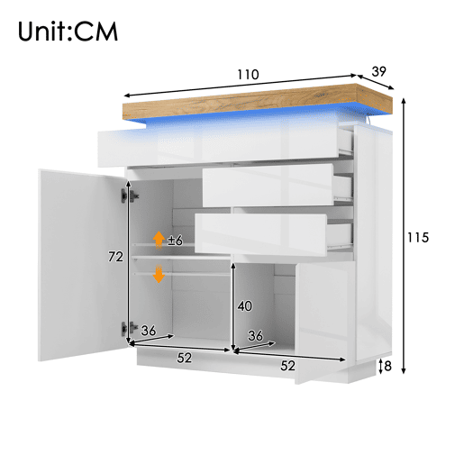 Cómoda com LED - 3 gavetas e 2 portas com prateleiras reguláveis - Branco