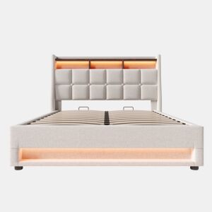 Cama para arrumação de roupa de cama 160x200 cm com LED e portas USB - estrado - bege