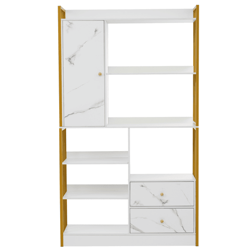 Estante com 5 prateleiras, 1 porta e 2 gavetas - Estilo industrial - Branco e dourado