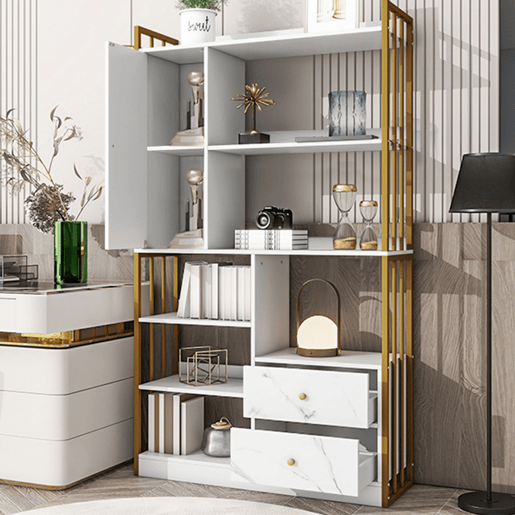 Estante com 5 prateleiras, 1 porta e 2 gavetas - Estilo industrial - Branco e dourado
