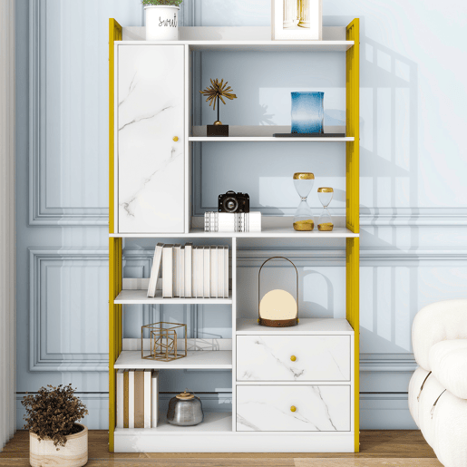 Estante com 5 prateleiras, 1 porta e 2 gavetas - Estilo industrial - Branco e dourado