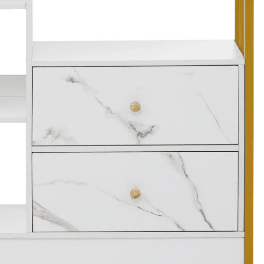 Estante com 5 prateleiras, 1 porta e 2 gavetas - Estilo industrial - Branco e dourado
