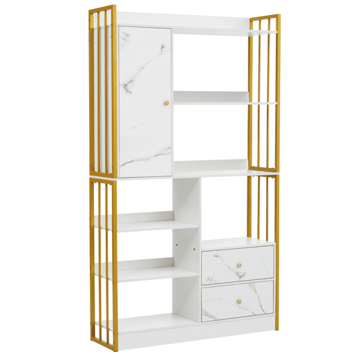 Estante com 5 prateleiras, 1 porta e 2 gavetas - Estilo industrial - Branco e dourado