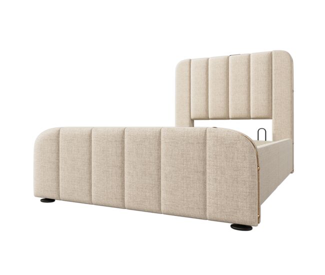 Cama con almacenaje de tela de lino de 90x200 cm - con carga usb y tipo c - decorada con rayas doradas - beige