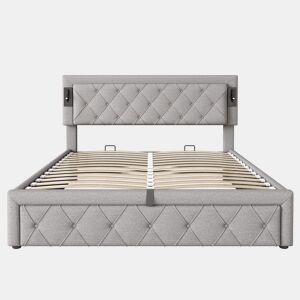 Cama contentora em tecido de linho 160x200 cm - com luz de leitura e tomada USB - com estrado - Cinzento