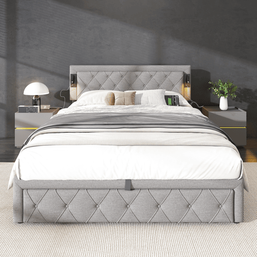 Cama contentora em tecido de linho 160x200 cm - com luz de leitura e tomada USB - com estrado - Cinzento