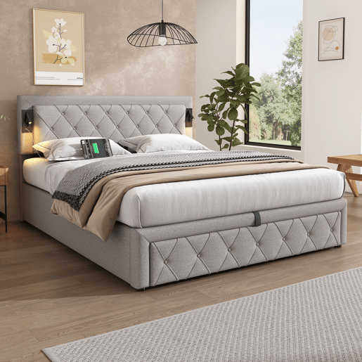 Cama contentora em tecido de linho 160x200 cm - com luz de leitura e tomada USB - com estrado - Cinzento