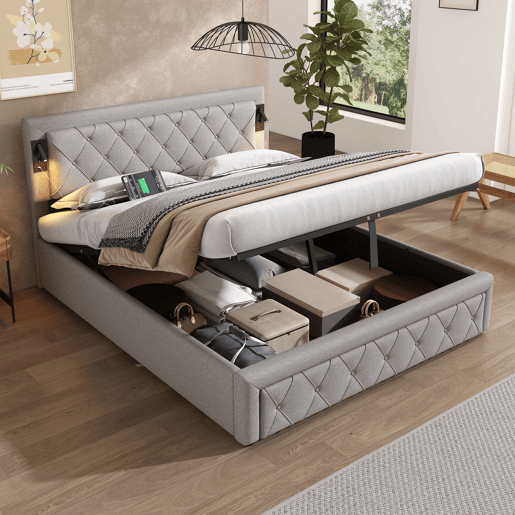 Cama contentora em tecido de linho 160x200 cm - com luz de leitura e tomada USB - com estrado - Cinzento