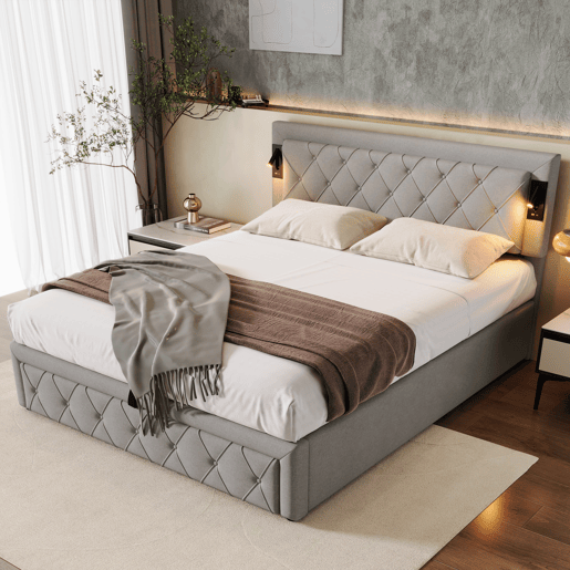 Cama contentora em tecido de linho 160x200 cm - com luz de leitura e tomada USB - com estrado - Cinzento