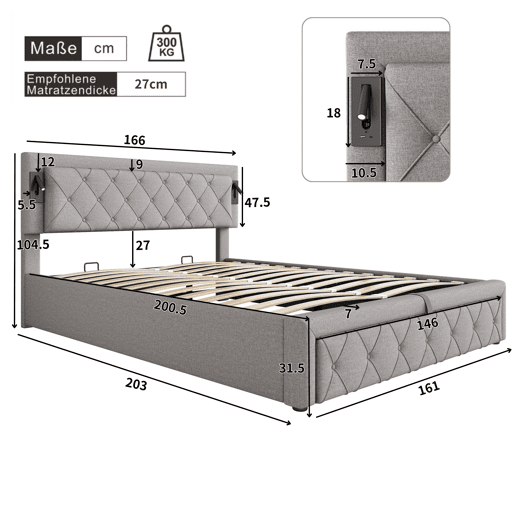 Cama contentora em tecido de linho 160x200 cm - com luz de leitura e tomada USB - com estrado - Cinzento
