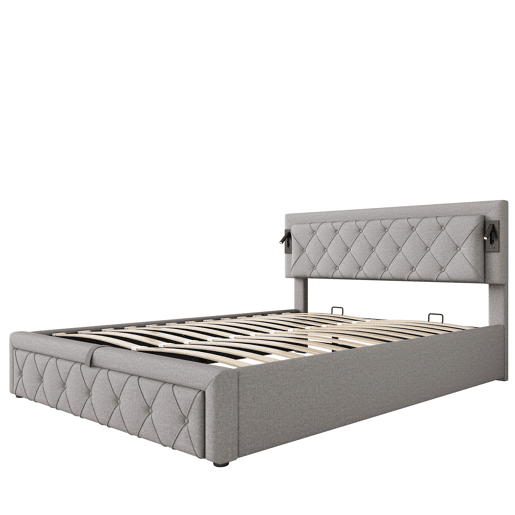 Cama contentora em tecido de linho 160x200 cm - com luz de leitura e tomada USB - com estrado - Cinzento