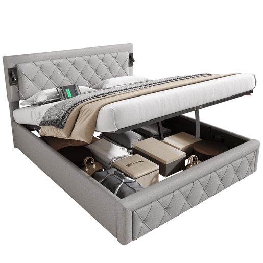 Cama contentora em tecido de linho 160x200 cm - com luz de leitura e tomada USB - com estrado - Cinzento