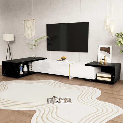 Suporte de TV ajustável em comprimento (140-260 cm) - 3 portas com dobradiças - aspeto de mármore preto - Preto e branco