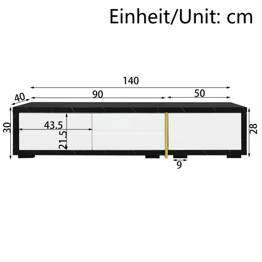 Suporte de TV ajustável em comprimento (140-260 cm) - 3 portas com dobradiças - aspeto de mármore preto - Preto e branco