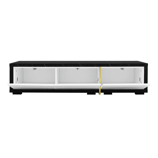 Suporte de TV ajustável em comprimento (140-260 cm) - 3 portas com dobradiças - aspeto de mármore preto - Preto e branco