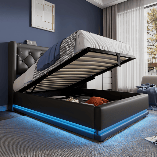 Sofá-cama estofado de 90 x 200 cm em imitação de pele - com função de carregamento e LED ao pé da cama - Preto