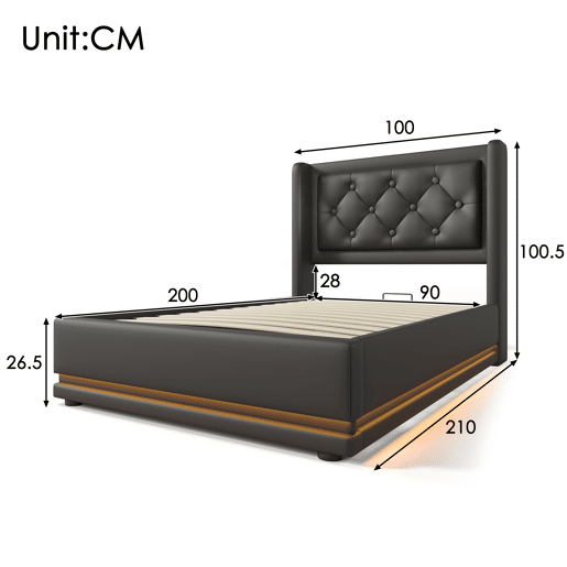 Sofá-cama estofado de 90 x 200 cm em imitação de pele - com função de carregamento e LED ao pé da cama - Preto