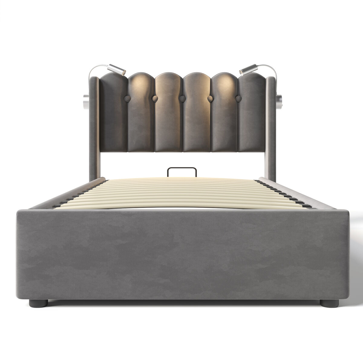 Cama contenedor tapizada con led y puertos de carga usb - 90x200cm - tela de terciopelo - con somier - gris
