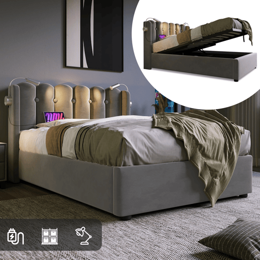 Cama contentora estofada com LED e portas de carregamento USB - 90x200cm - tecido aveludado - com estrado de molas - Cinzento