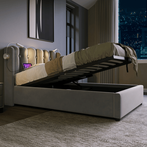 Cama contentora estofada com LED e portas de carregamento USB - 90x200cm - tecido aveludado - com estrado de molas - Cinzento