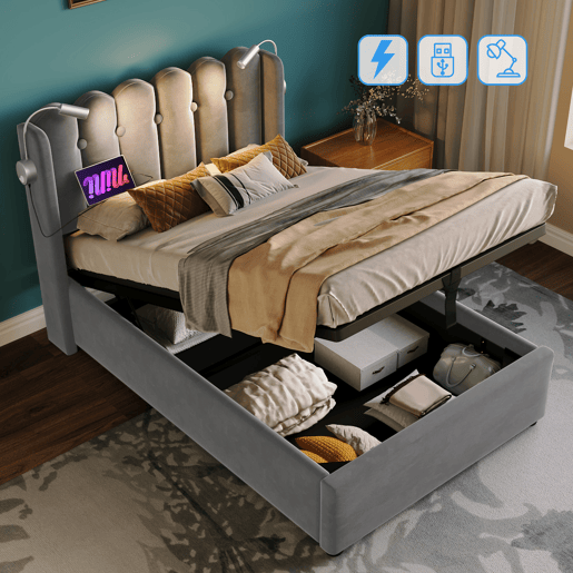 Cama contentora estofada com LED e portas de carregamento USB - 90x200cm - tecido aveludado - com estrado de molas - Cinzento