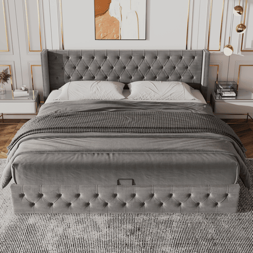Cama de arrumação em veludo com estrado de ripas 140x200 cm - Cinzento