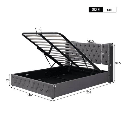 Cama de arrumação em veludo com estrado de ripas 140x200 cm - Cinzento