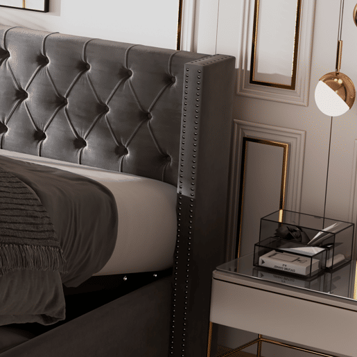 Cama de arrumação em veludo com estrado de ripas 140x200 cm - Cinzento