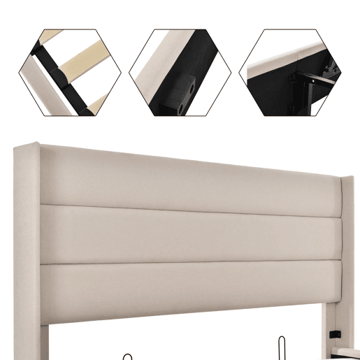 Cama de arrumação em linho 140x200 cm com estrado de ripas - Bege